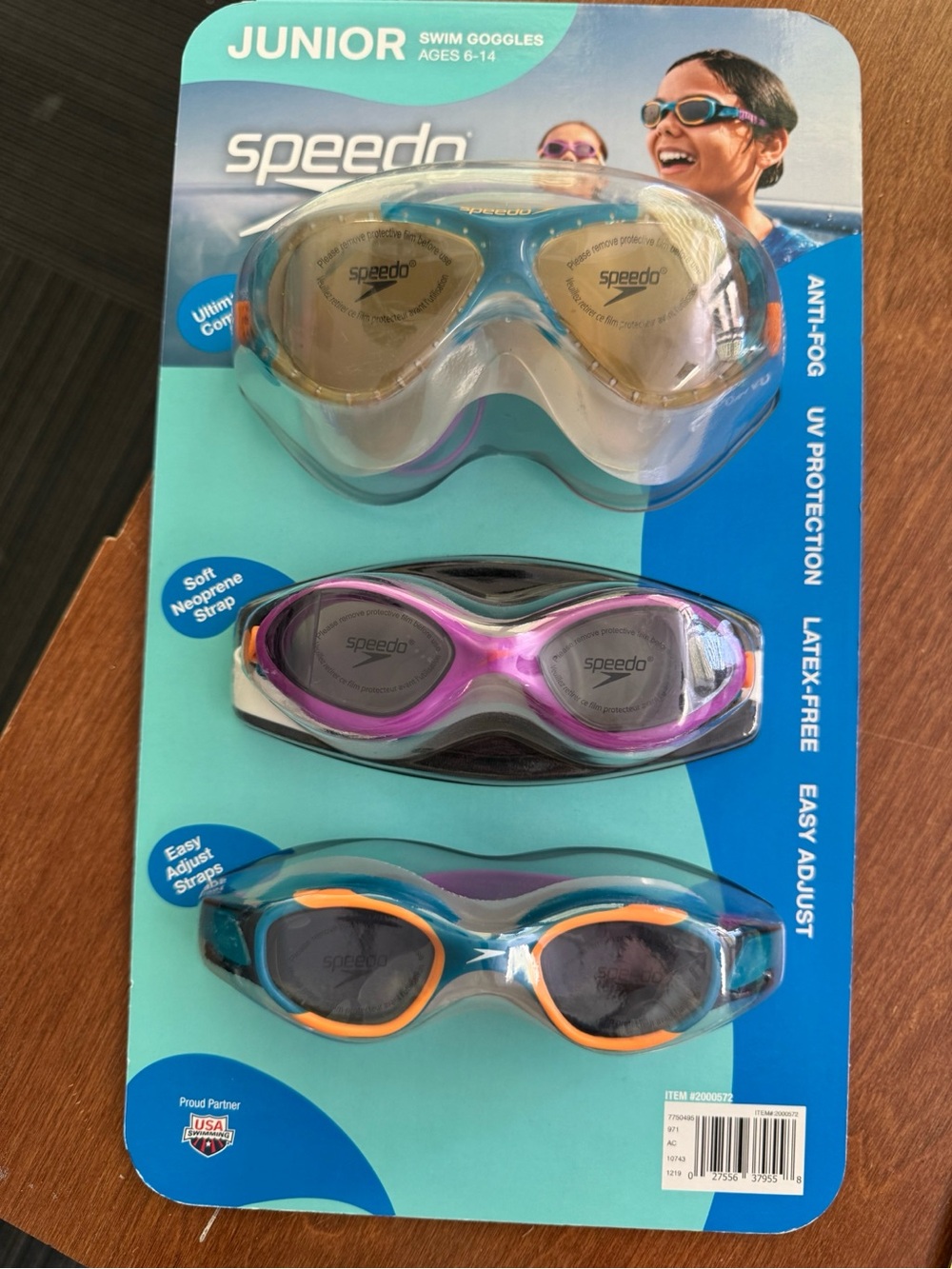 Speedo Kids Swim Goggles — Teal, Purple, Orange Trim